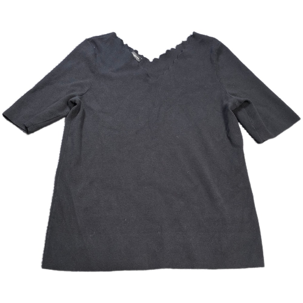 Talbots Scalloped Detail V-Neck Top Women's Size M Black Short Sleeve